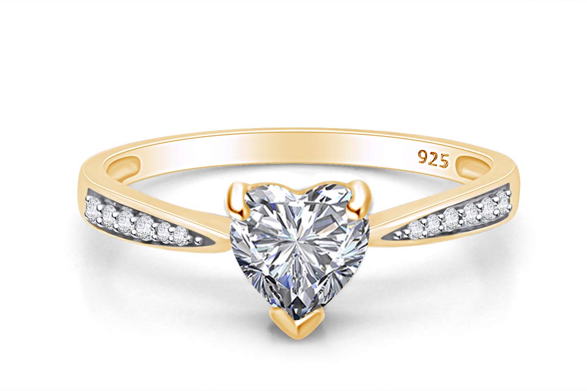 Solitaire Heart Promise Ring for Women Center 7MM Simulated Birthstone with White CZ, Stackable Gemstone Ring in 14K Gold Plated 925 Sterling Silver,