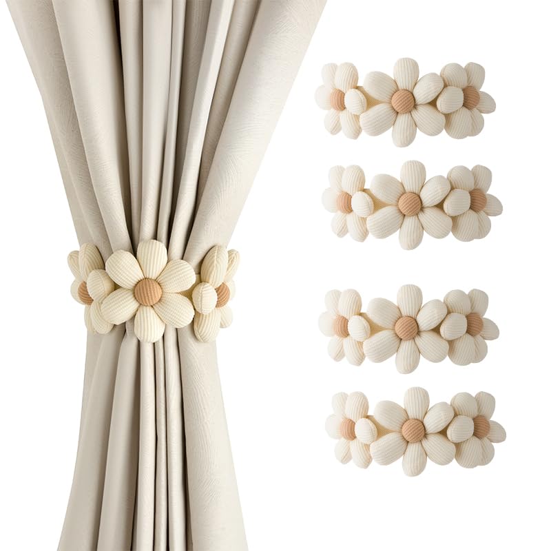 HwlAlrs 4 Stück Vorhang Raffhalter Beige Boho Raffhalter für Vorhänge Verstellbare Blumen Gardinenhalter Raffhalte Rohne Bohren für Wohnzimmer Schlafzimmer Balkon Boho Deko
