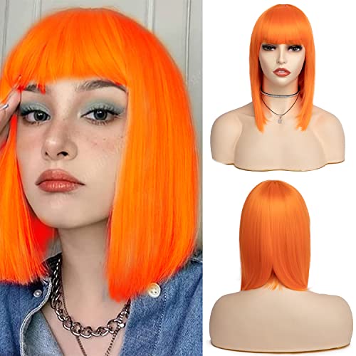 STAR SOUCRE WIGS Short Bob Wig With Bangs, Soft Synthetic Fiber Short Straight Hair ,Heat Resistant Natural Fashion Wig For Party Fiesta And Everyday Decor (12 Inch, Orange)