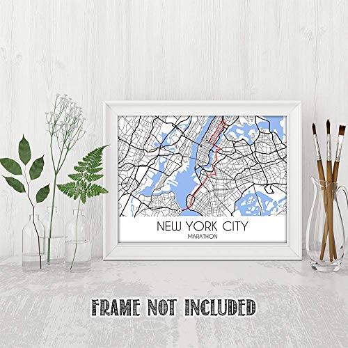 New York City Marathon Running Race Map Nyc Marathon, Usa Aerial View Road Map Wall Art Decor - Unframed 11 X 14 Black & White Print - Trail Finisher Souvenir & Race Memory #TOP6