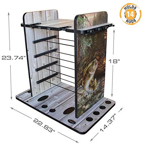Rush Creek Creations 14 Fishing Rod Rack With 4 Utility Box Storage Capacity - Fishing Pole, Tackle Box, And Equipment Holder, Bass Inspired Finish (38-3009) #TOP1