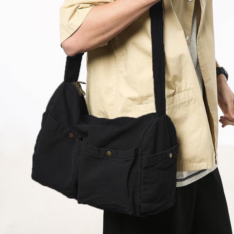 Canvas Messenger Bag Cute Crossbody Tote Bag Shoulder for Women Men for School Aesthetic Hobo with Multiple Pockets - Image 5