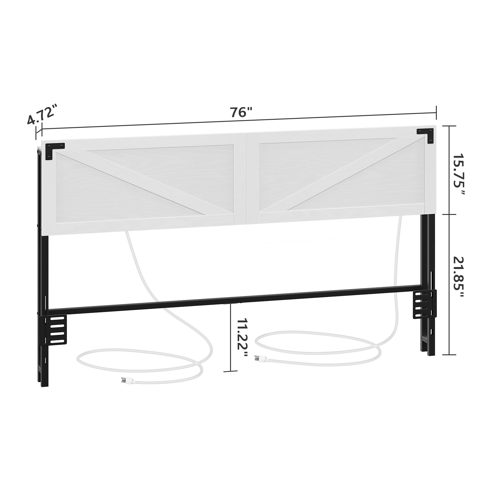 Cabecera tamaño King con 2 salidas y 4 puertos USB, cabecera de granja, con luces LED, almacenamiento seguro con valla elevada, con adaptador de marco de cama, color blanco y negro 6
