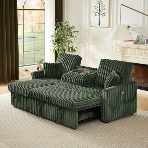 Image of KCGKCG 81 inch Sectional Sleeper Sofa Bed, Pull Out Couches for Living Room | Pull Out Sofa Bed with Storage Chaise, Dual Cup Holders, Side Storage Pocket, Charging Station, Plush Corduroy Fabric