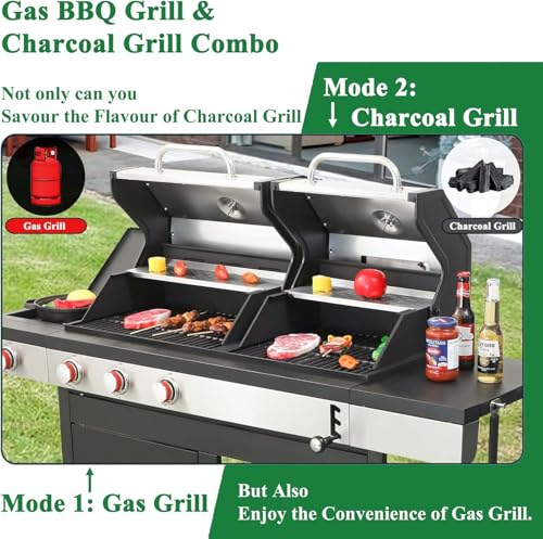 3 Burner Propane Gas and Charcoal Grill Combo with Side Burner & Porcelain-Enameled Cast Iron Grates, 37230BTU Output Dual Fuel Outdoor BBQ Grill for Patio Garden Picnic Backyard Barbecue Cooking