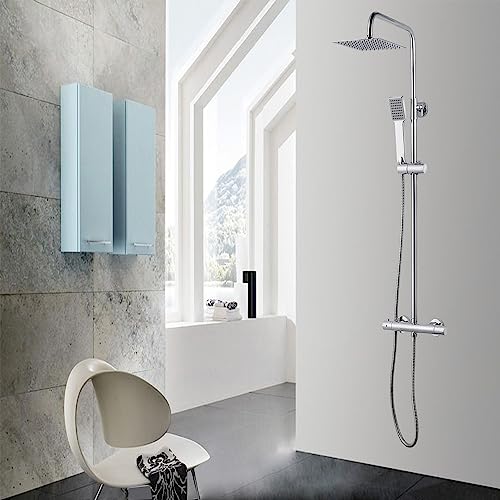 OCEAN ITALY Set Doccia con Soffione e Doccetta Quadrati in Acciaio INOX, Colonna Doccia Termostatica,Saliscendi Doccia Regolabile in Altezza, Kit Doccia con Miscelatore Termostatico