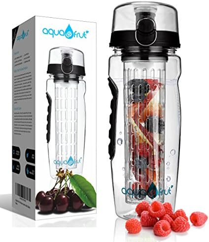 AquaFrut 32 OZ Fruit Infuser Water Bottle BPA-Free Fruit Infusion Sports Bottle - Flip Top Lid w Drinking Spout, Leak Proof, Made of Durable Tritan. Free Recipe eBook! (Black)