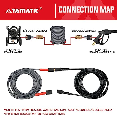 Yamatic Super Flexible Pressure Washer Hose 100Ft X 1/4", Kink Resistant 3200 Psi Heavy Duty Power Washer Extension Replacement Hose With M22-14Mm X 3/8" Quick Connect Kit For Gas & Electric Grey #TOP4