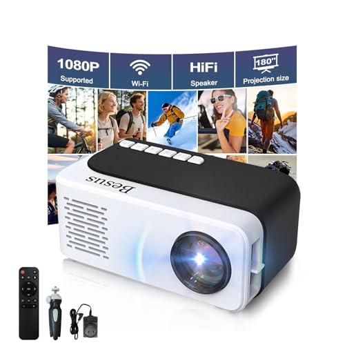Mini Projector, HD 1080P WiFi Video Projector, Portable Outdoor Projector with Tripod, Gift for Kids, Home Theater Movie Phone Projector Compatible with USB, AV, Smartphone/Tablet/Laptop (black)