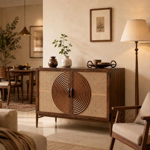 Osho Rattan Crockery Cabinet | Spiral Carving Cane Sideboard Cabi...