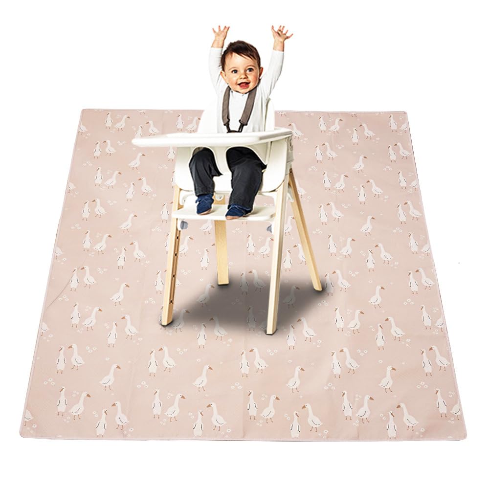 Treer Splash Mat for Under Highchair, 43" Baby Splat Mat Waterproof Anti Slip High Chair Spill Mat, Creative Easy Clean Washable Weaning Mess Play Mat Tablecloth Picnic Mat (Pink Goose)