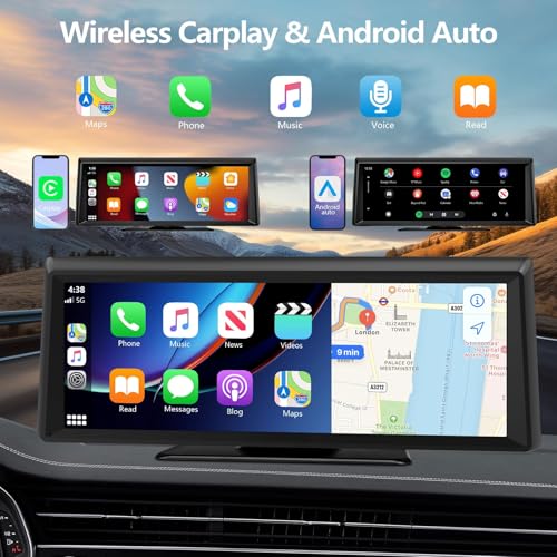 Image of 8.1 inch Portable Wireless Carplay Screen for Car, 2K Dash Cam & 1080P Backup Camera, Touchscreen Car Stereo with Apple Car Play /Android Auto, GPS, Bluetooth, Mirror Link, Voice Control for All Vehicles