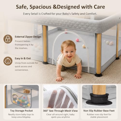 Image of TOREVSIOR Baby Playpen, 50 x 50 inches, Portable Play Yard with Carry Bag Foldable Design, Gray | Playpen for Babies and Toddlers,Indoor & Outdoor Kids Safety Play Pen, Portable Play Yard, Baby Playpen with 50 Ocean Balls