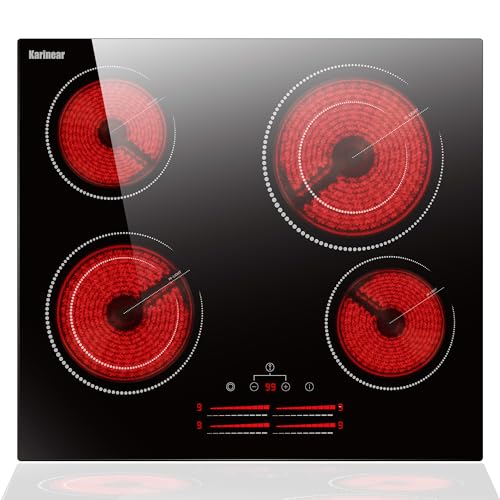 Karinear Placa de cocina de cerámica de 60 cm con tira de luz deslizante, placa de vitrocerámica, 4 placas con doble anillo, 4 placas de cocción empotradas con seguridad para niños, temporizador, 220