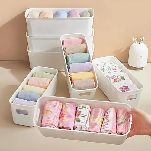 Image of THE SR BRAND Small Plastic Clothing Storage Basket, Compact Organizer Box with Handles for Drawers, Kitchen, Bathroom & Home, Durable, Lightweight, Multi-Purpose Plastic Organizer (White, Pack of 4)
