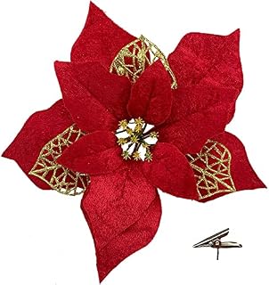 Roqueen 12 PCS 22CM/8.7 Inches Artificial Christmas Flowers Poinsettia Glitter with Clips Xmas Tree Ornaments for Wreath Wedding Party Decoration (Red)