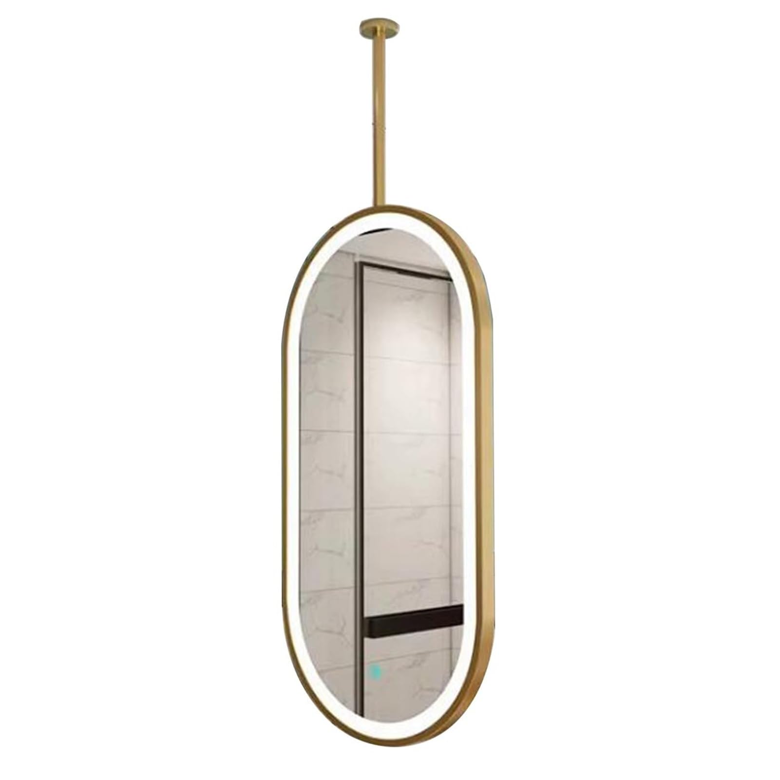 QICBYING Ceiling Hanging Mirror With LED Light, Oval Ceiling-Mounted Mirror, 360° Rotating Bathroom Vanity Mirrors, LED Three-Color Lighting, For Home Hotel Bathroom Vanities(Gold,50x80CM)
