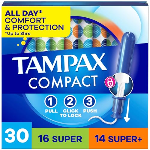 Tampax Compact Pearl Tampons for Women Multipack with LeakGuard Braid & Extendable Applicator Super/Super Plus Absorbency Compact Extendable Applicator Unscented 30 Count