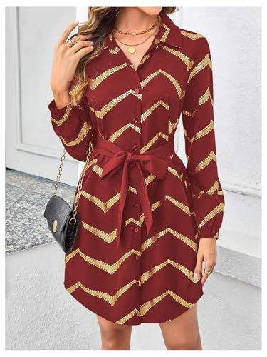 Image of SweatyRocks Women's Metallic Gold Long Sleeve Dresses Collar Shirtdress Casino Night Party Outfit