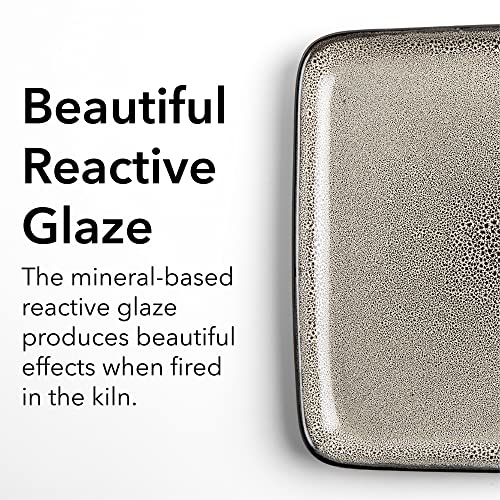 Arora Flackar Square Stoneware 16Pc Double Bowl Dinnerware Set For 4, Dinner Plates, Side Plates, Cereal Bowls, Pasta Bowls - Reactive Glaze Grey (476076) #TOP4