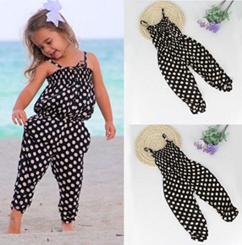 AMA(TM) Toddler Kids Baby Girls Summer Straps Dots Romper Jumpsuit Playsuit Sunsuit Harem Pants Clothes Outfits (5/6T, Black)