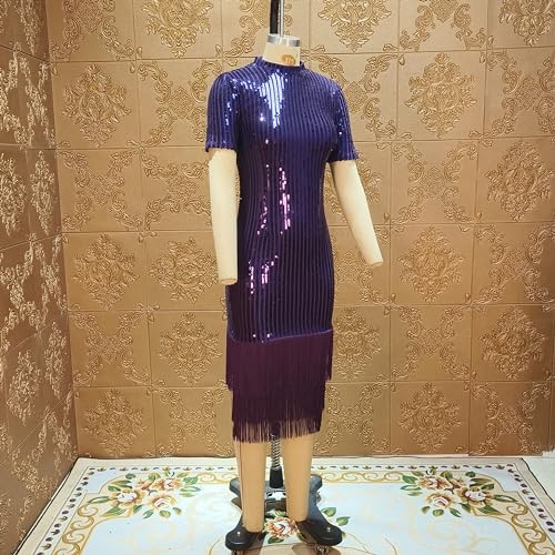 Image of Cololura Sexy Elegant Women Sequin Tassel Short Sleeve Bodycon Midi Dress Party Evening Gown Formal Dress