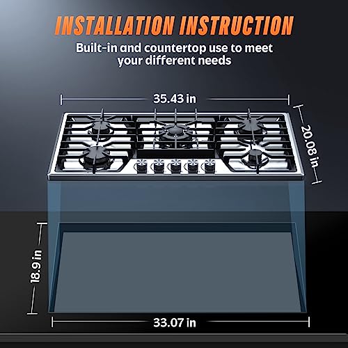 36 Inch Gas Cooktop, Maharlika Propane Stove Bulit-In Gas Stove Top With 5 Burner Stainless Steel, 36 Inch Ng/Lpg Convertible Cooktops Dual Fuel, Five Burner Propane Cooktop With Thermocouple Protect #TOP7