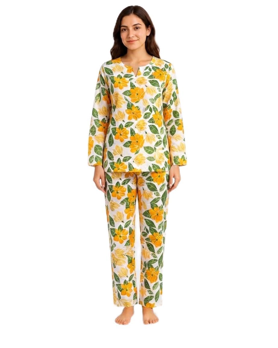 Veloura Cotton Floral Printed Night Suit Yellow, Size XL-image-30