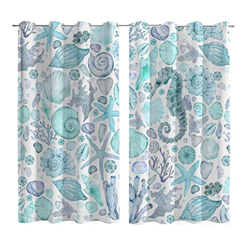Coastal Curtains Ocean Themed Starfish Seahorse Seashell Coral 50% Light Blocking Window Drapes Watercolor Beach Curtain For Living Room Kids Bedroom Nursery 2 Panels, 52X84 Inches Blue White #TOP6