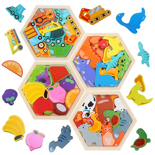 Image of FIIOEOY Wooden Jigsaw Puzzles for Toddlers 1-3 Years, 4 Pack Hexagon Montessori Toys for 1 2 3 Year Old Boys Girls, Animal/Dinosaur/Fruit/Vehicle Chunky Educational Learning Toy