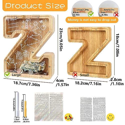 Mikytoper Letter Money Box for Kids Large Wooden Personalized A-Z Piggy Bank Clear Alphabet Money Bank Coin Bank for Gift Decoration Baptism (Z) - Image 2