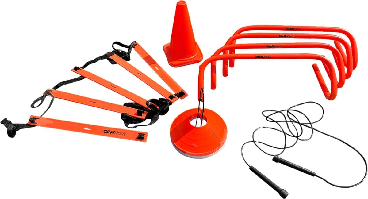Ciclón Sports Training Pack Medio | Bolsa De Deporte Con Escalera 2 Metros | 4 Vallas | 4 Peones | Juego de 20 Sombreros Marcadores, Sombreros de Entrenamiento | Saltar Cuerda | Libro De Ejercicios