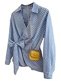 GORGLITTER Women's Striped Wrap Blouse Tie Side Elegant V Neck Long Sleeve Shirts Business Casual Top Blue Striped Large