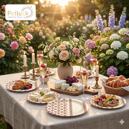 Image of Potluck Red Pattern Disposable Paper Plates, 9 Inch Food Grade Tableware for Parties, Events, Snacks & Meal Serving Pack