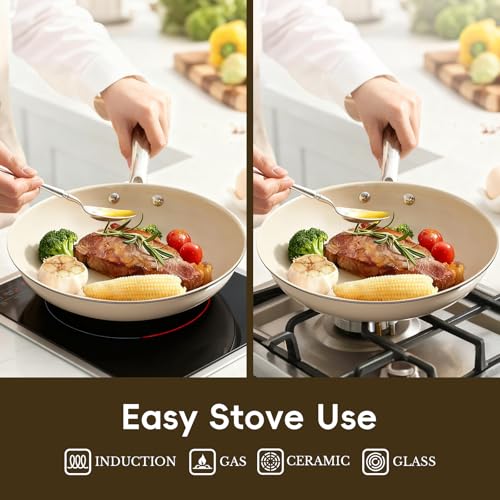 Ceramic Nonstick Frying Pans Set, Fry Pan Skillet, Non Toxic Pans for Cooking, Egg Pans,Induction Suitable,PFAS-Free Cookware, Dishwasher Safe, Oven Safe (Cream/White, 20+24+28CM) - Image 5