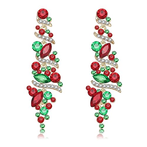 NLCAC Christmas Women's Wedding Earrings for Brides Dangling Rhinestone Crystal Chandelier Earring Drop Bridesmaids (Christmas Red Green)