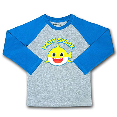 Nickelodeon Boy's Baby Shark Pullover Graphic Tee with Raglan Long Sleeves, Blue/Grey, Size 3T