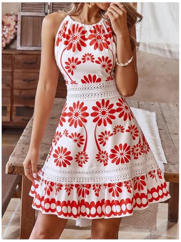 Image of Floerns Women's Contrast Lace Sleeveless Halter Dress Backless Vacation A Line Dress