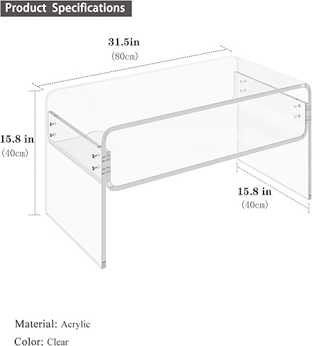Miniatura 3 de Mesa auxiliar acrílica de 2 niveles, mesa auxiliar con estante de almacenamiento, mesa central moderna para sala de estar, oficina, dormitorio,