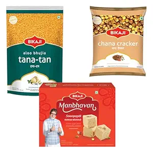Bikaji Soan papdi manbhavan 500g & tana-tan aloo bhujia 200g & roasted chana cracker 200g | Indian Sweet & Savory Snack Combo | 900g (31.74oz) Gift Pack