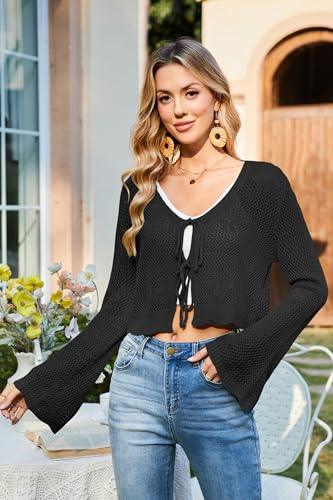 Image of Balimtoy Women Tie Front Cardigan Crochet Sweater Crop Tops Cute Bell Long Sleeve Knit Shrug Beach Vacation Cover Up