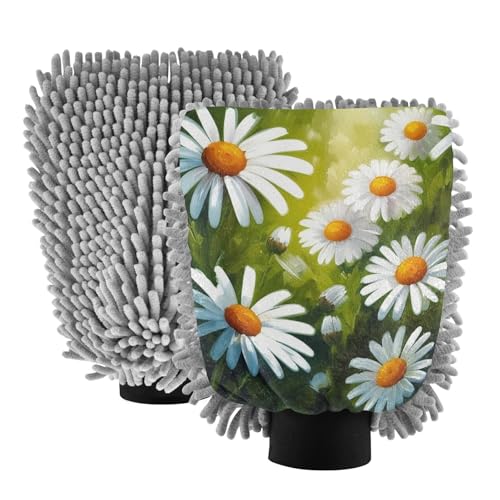 Kigai Cute White Daisy Car Wash Mitt Microfiber, 2Pcs Scratch Free Lint-Free, Premium Chenille Microfiber Mitt Car Wash Brush-L