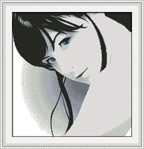 Point de croix pré-imprimé femme aux yeux bleus avec fils colorés et outils complets
