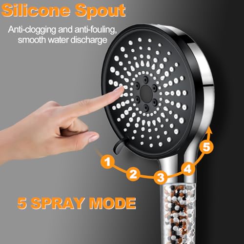 Rusoz Filter Shower Head and Hose Set ,Shower Head Filter For Hard Water High Pressure Handheld Powerful Shower Heads With 1.5m Shower Hose ,5 Modes Ionic Shower Head - Image 4