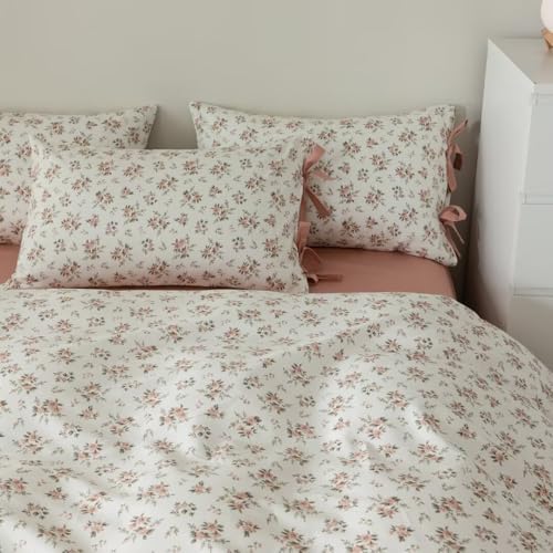Image of MKXI Cute Bow Tie & Blush Pink Rose Flowers Stripes Duvet Cover Full Size Cotton Bedding Set with Zipper Ties - Vintage Country Floral Comforter Cover with 2 Pillowcases for Girls