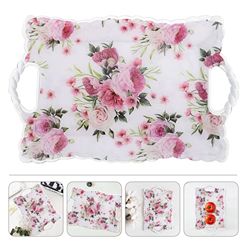 Tofficu Plastic Serving Tray With Handle Floral Printed Fruit Serving Platter Flower Food Snack Appetizer Plate Tea Coffee Dish For Chicken Burgers Sandwiches Fruit Bread Drink 27X18X2Cm #TOP18