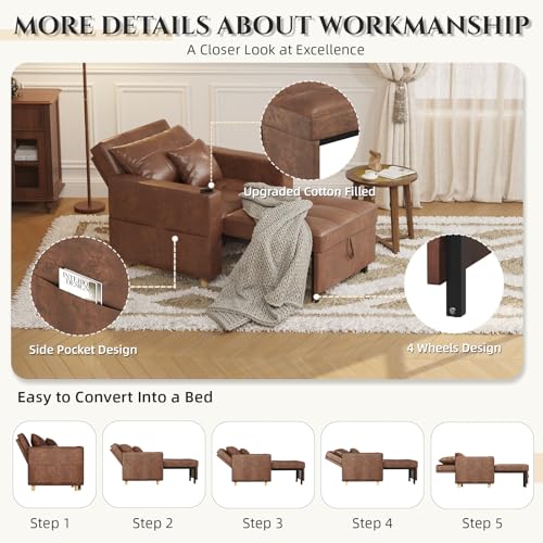 YODOLLA Sleeper Chair, 38" Extra Wide Convertible Sofa Bed, Upgraded 3-in-1 Pull Out Single Chair with Adjustable Backrest, Cup Holder for Adults for Living Room Apartment Small Space, Saddle Brown