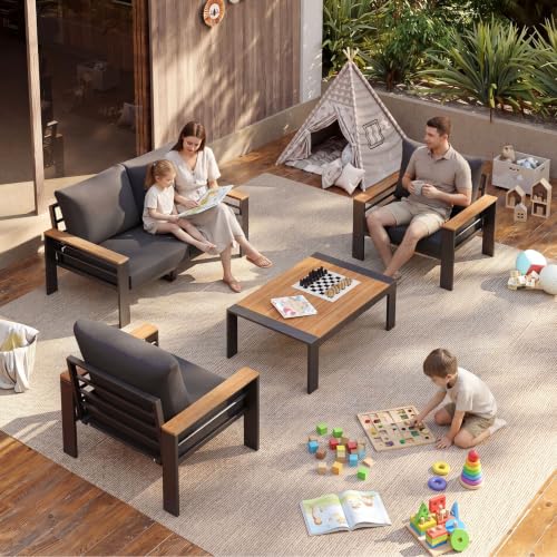 Image of Aoxun Patio Furniture Set, 4 Piece Aluminum Patio Sets with 5 inch Thicken & Washable Cushion, Waterproof Outdoor Furniture with Coffee Table, Outdoor Couch Sectional for Backyard, Porch and Garden