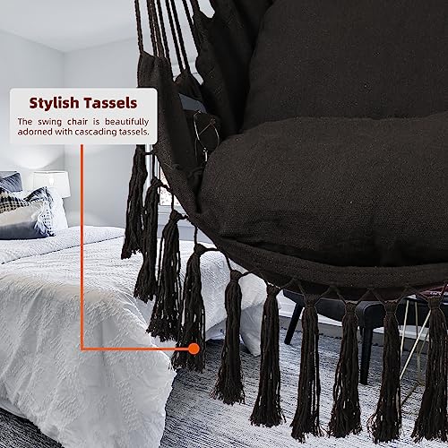 Ciouper Hammock Chair Hanging Rope Swing with Stylish Tassels - Max 500 Lbs - 2 Cushions Included - Heavy-Duty Steel Spreader Bar with Anti-Slip Rings - for Any Indoor or Outdoor Spaces (Grey)