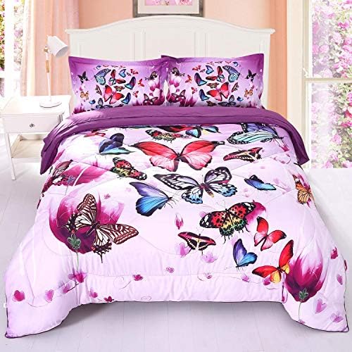 Purple Butterfly Comforter Sets Twin Size 3 Pieces, Girls Kids Quilted Bedspread Comforter Bedding Sets, Butterfly Bedding Sets Twin